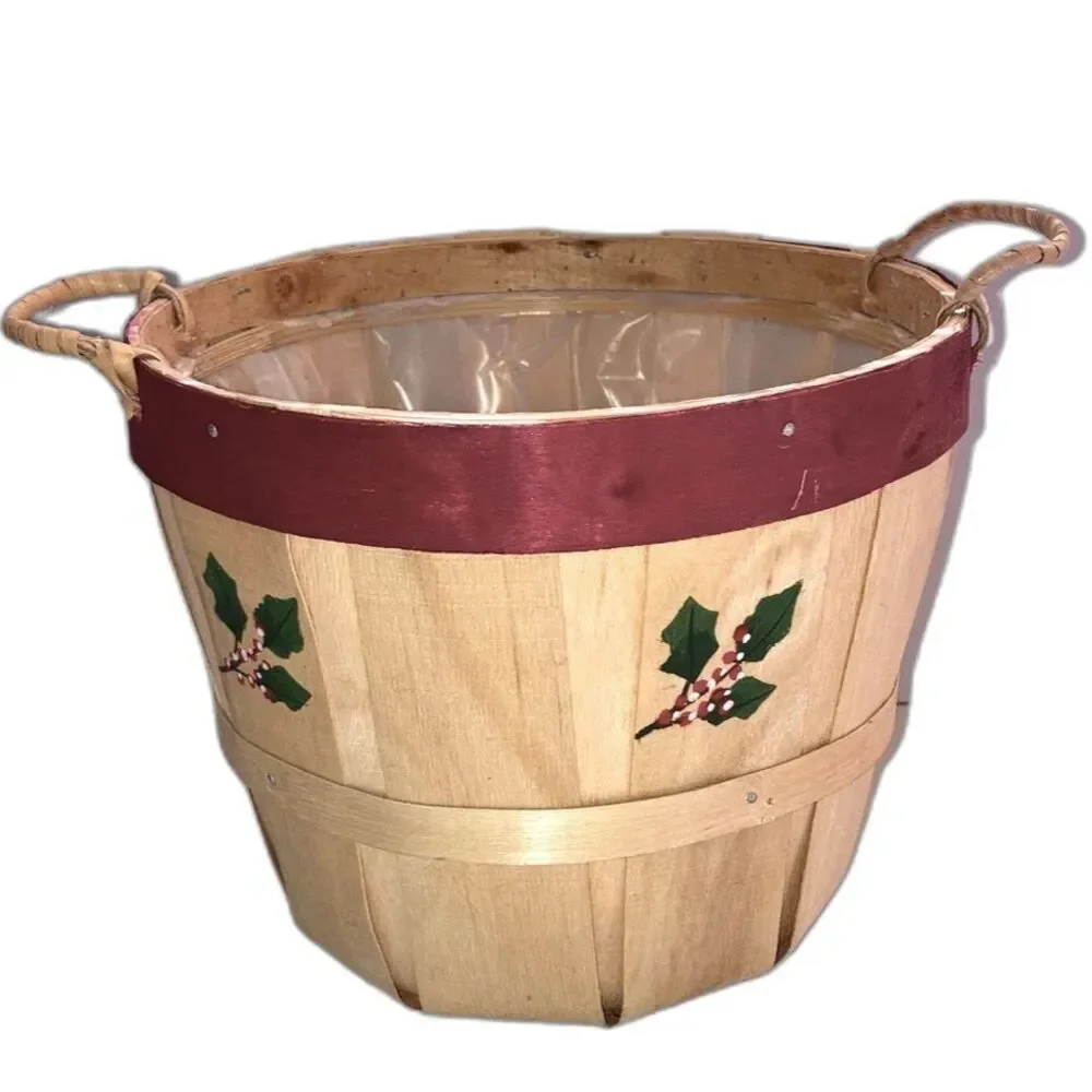 BUSHEL BASKET Small Apple Basket with Handles Holiday Holly